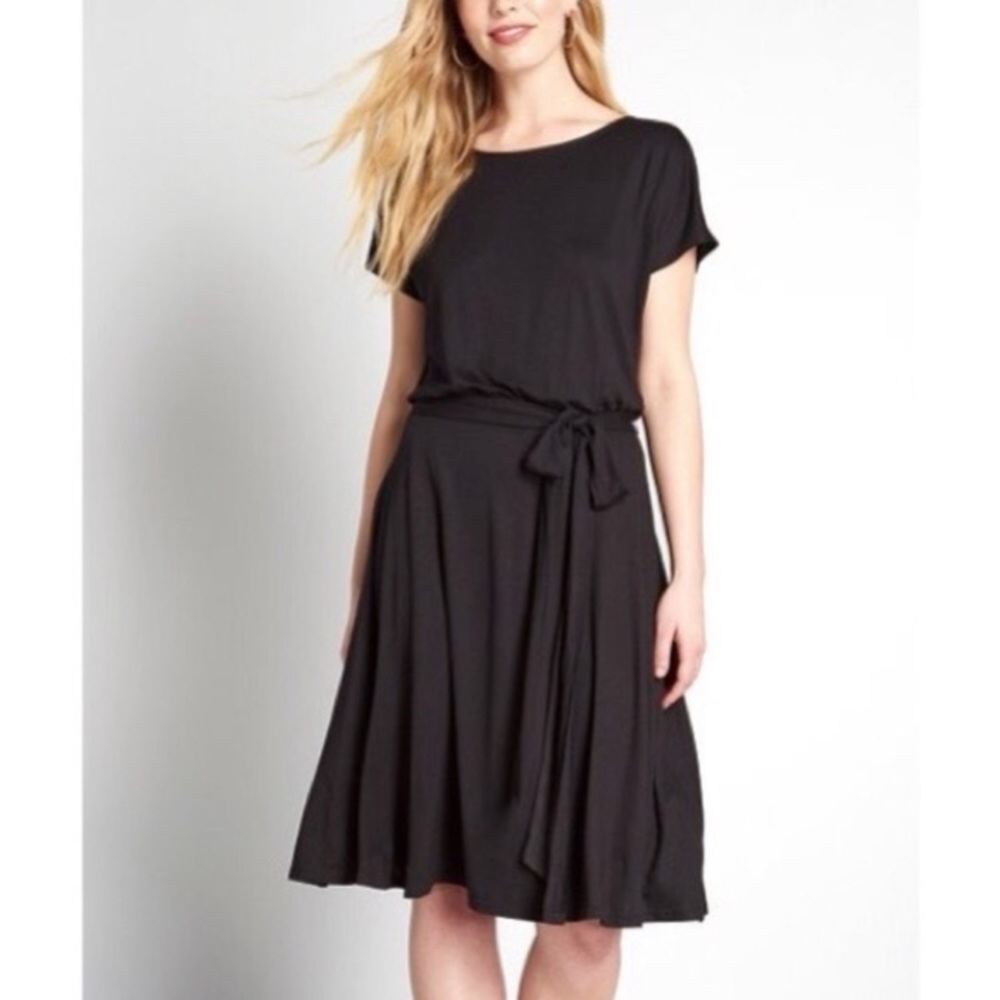 Modcloth S black Love Every Moment midi a-line dress rayon/spandex wrap tie belt